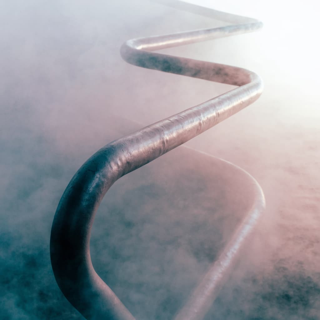 A soft-focus dream composition of a long metal handrail bending impossibly through pale haze, every shallow dent along its length catching the same faint lig...