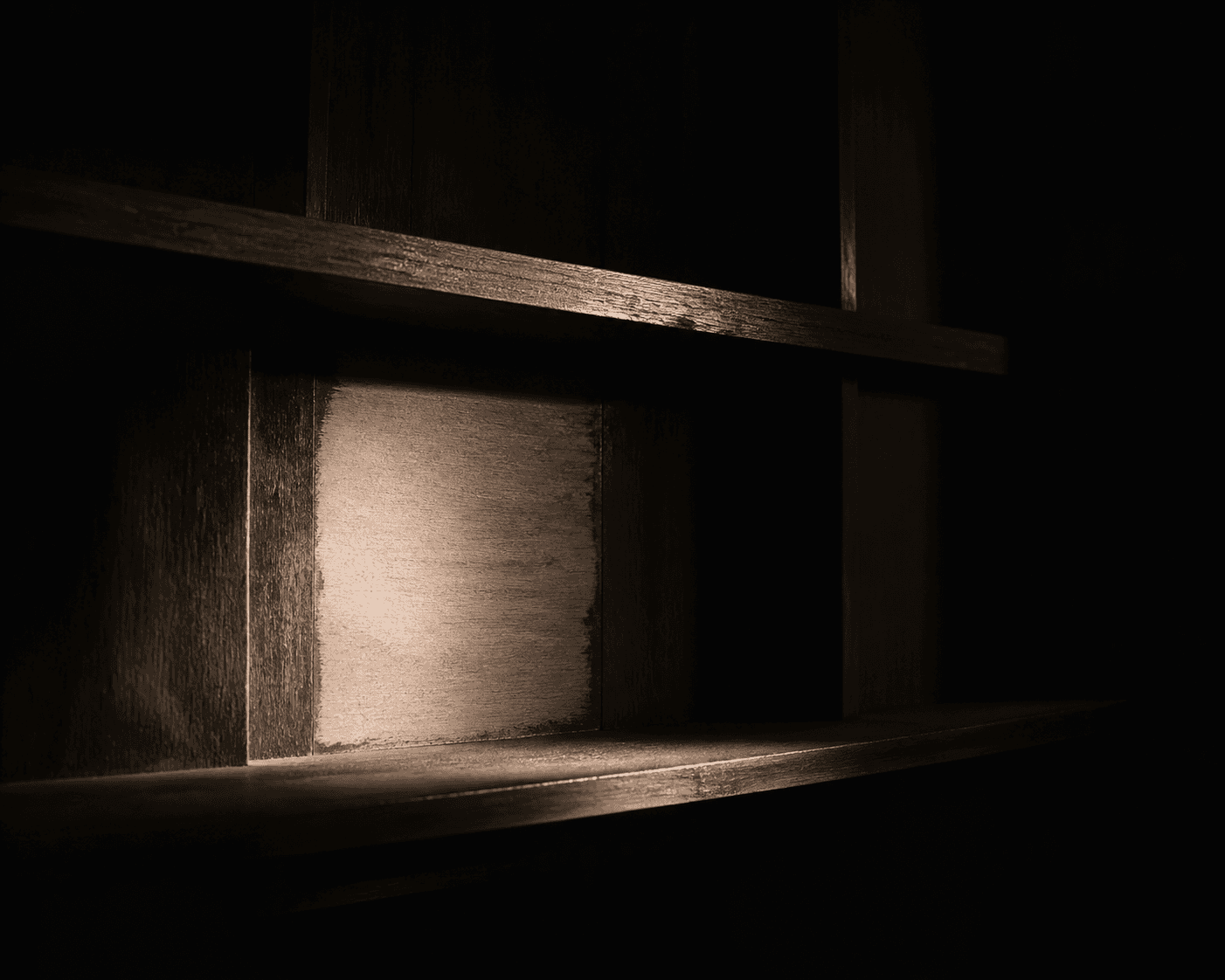 Film noir still rendered as chiaroscuro ink and silver-gelatin tone: a single hard light source rakes across a dark wooden shelf, illuminating one empty rect...