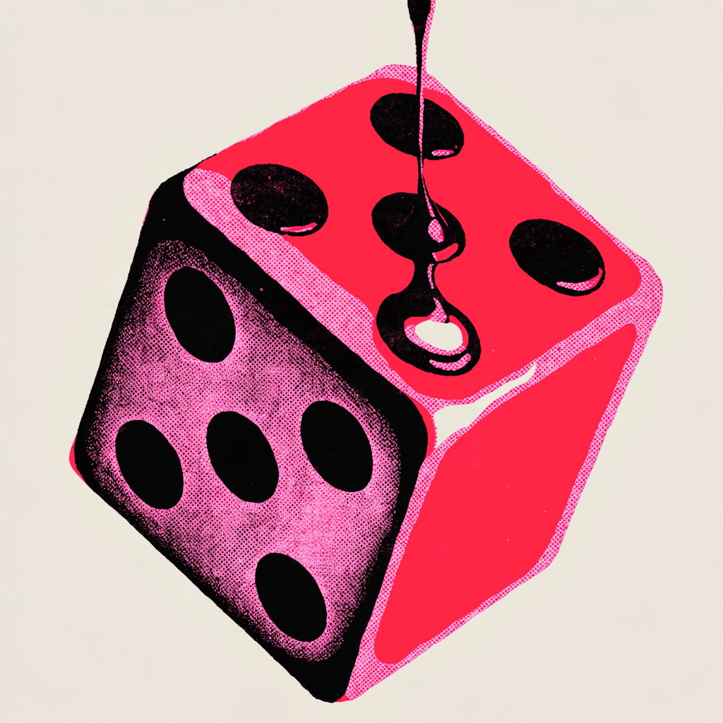 A two-color risograph print of an oversized red cube die floating mid-tumble against a flat cream field, rendered in fluorescent pink and black overprint wit...