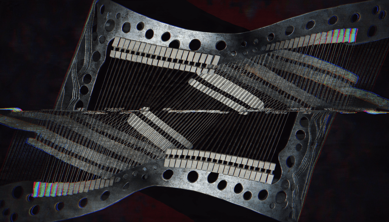 Digital glitch art of a piano's inner architecture folding upon itself, felt hammers and taut wires suspended mid-strike inside an impossible, reassembling c...