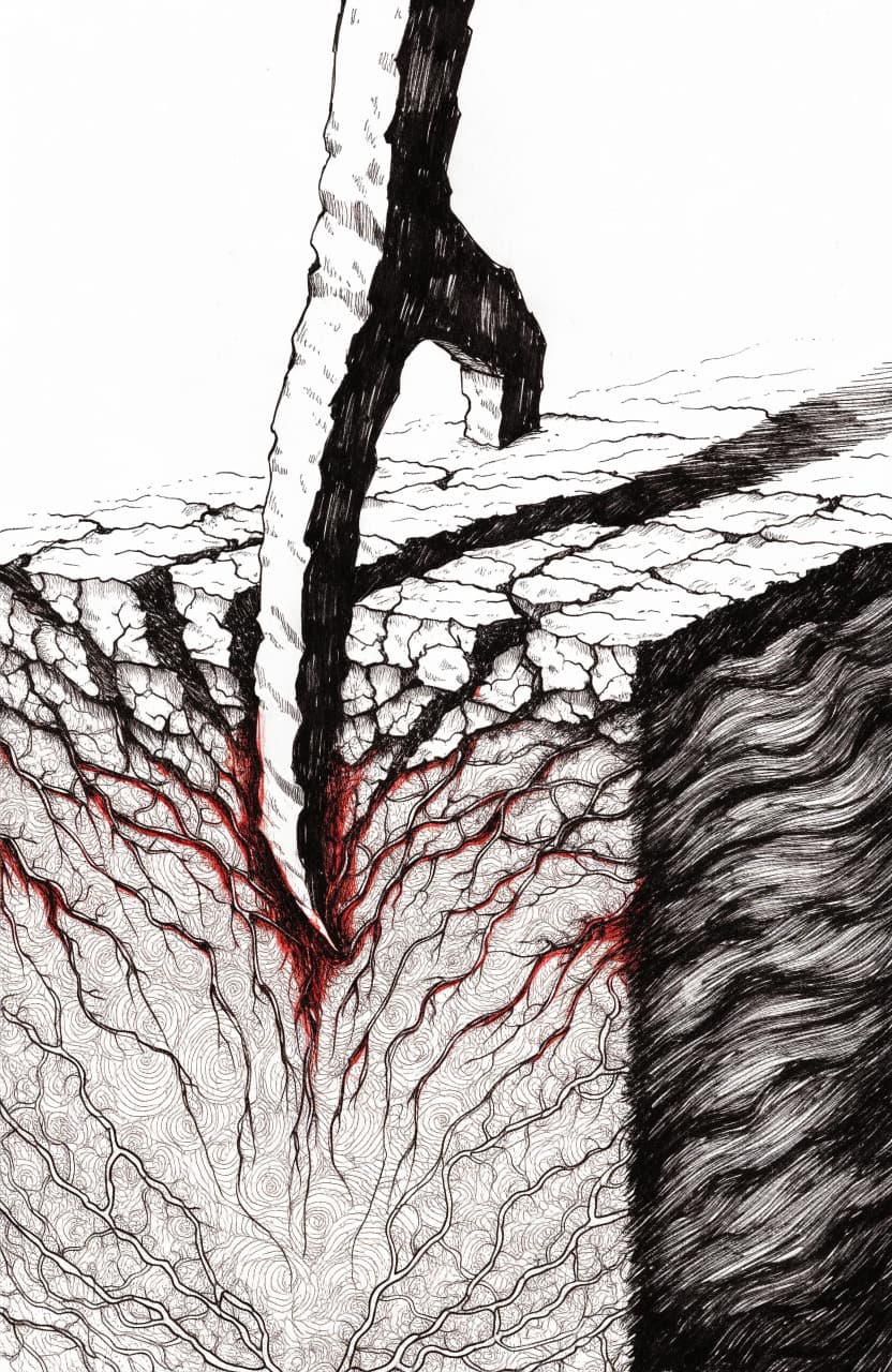 A brutalist editorial ink illustration of an oversized plow blade fused into a cross-section of earth, its edge severing a web of root and fungal threads ren...