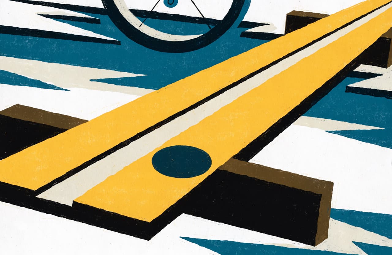 A mid-century modern graphic illustration in the manner of Alvin Lustig and Paul Rand: a flat geometric footbridge of warm mustard planks worn to a pale groo...