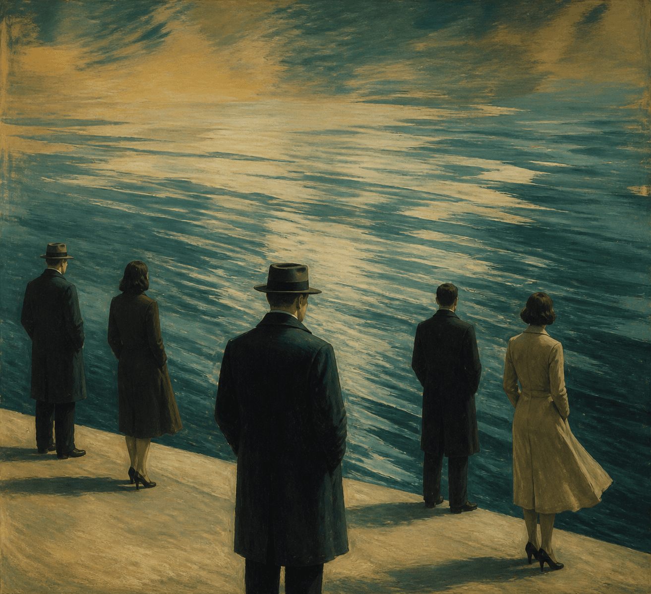 A painted Hopper-style composition of anonymous figures frozen mid-stride at a lakeside edge, rendered as flat silhouettes with faces turned away, caught in...