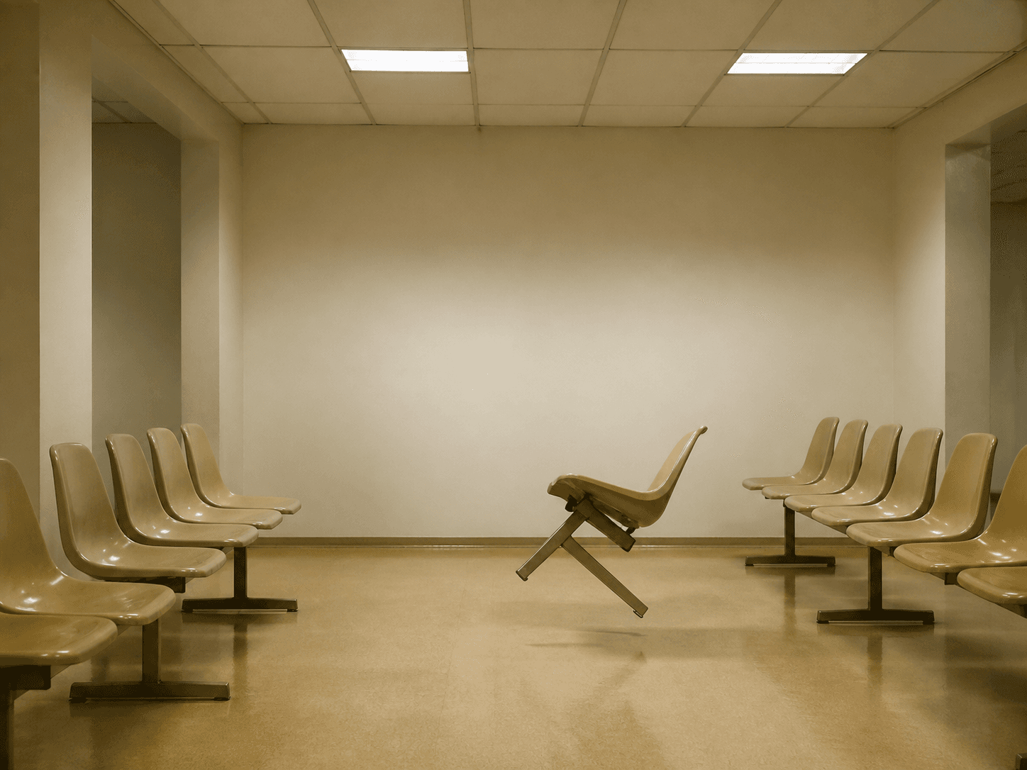 An empty institutional waiting room rendered as a liminal space, rows of vacant molded chairs facing a blank wall under flat fluorescent light, one chair imp...