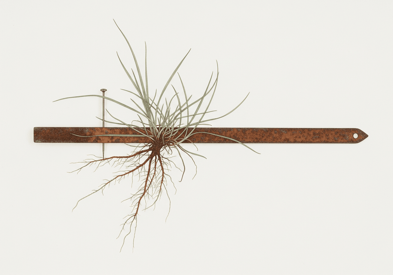 A single rusted iron survey stake pinned flat against a cold neutral ground like a pressed specimen, its length wrapped and overtaken by wiry crabgrass roots...