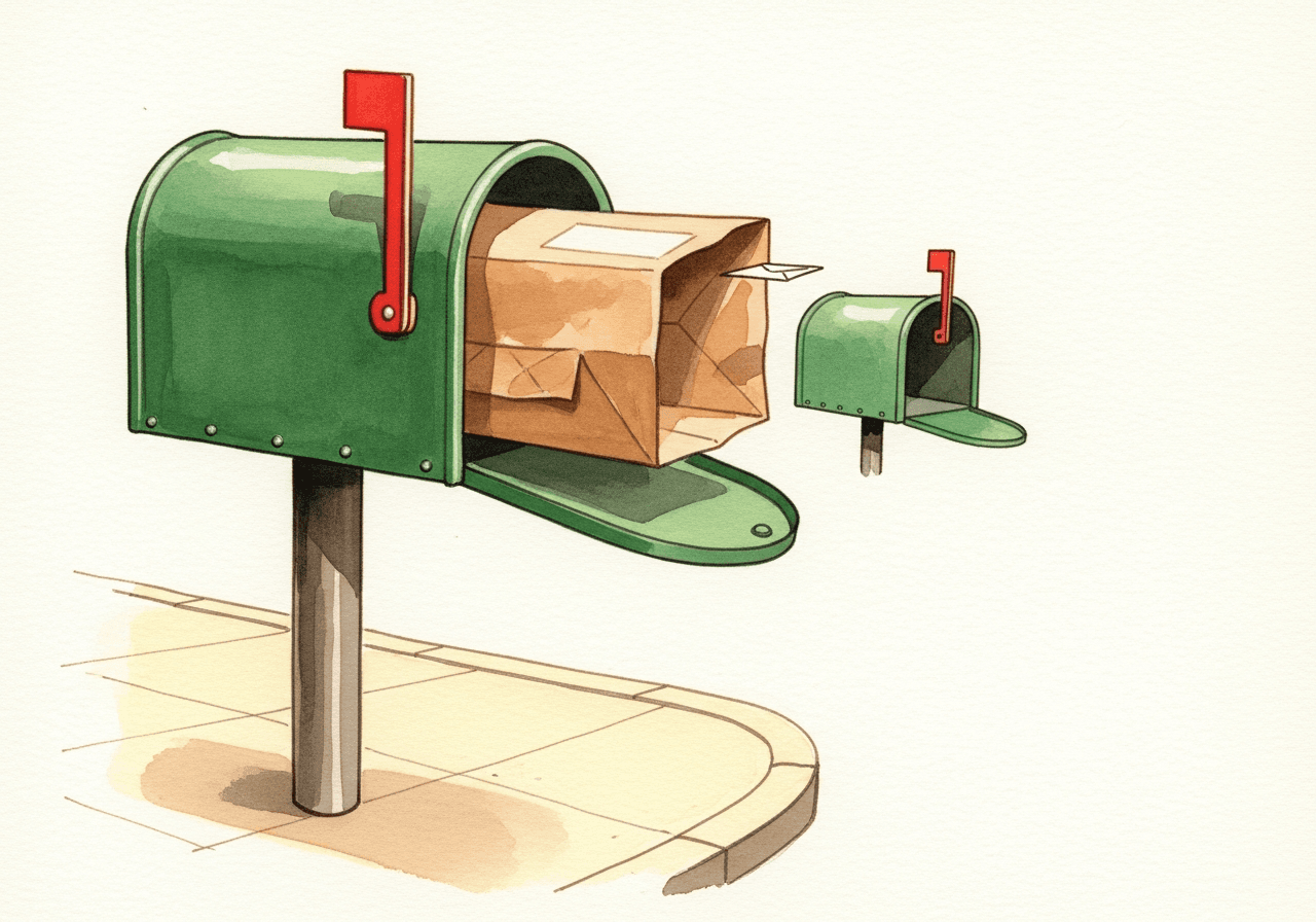 Storybook gouache illustration in the style of a mid-century hand-illustrated children's book plate: a green mailbox on a street corner with its red flag low...