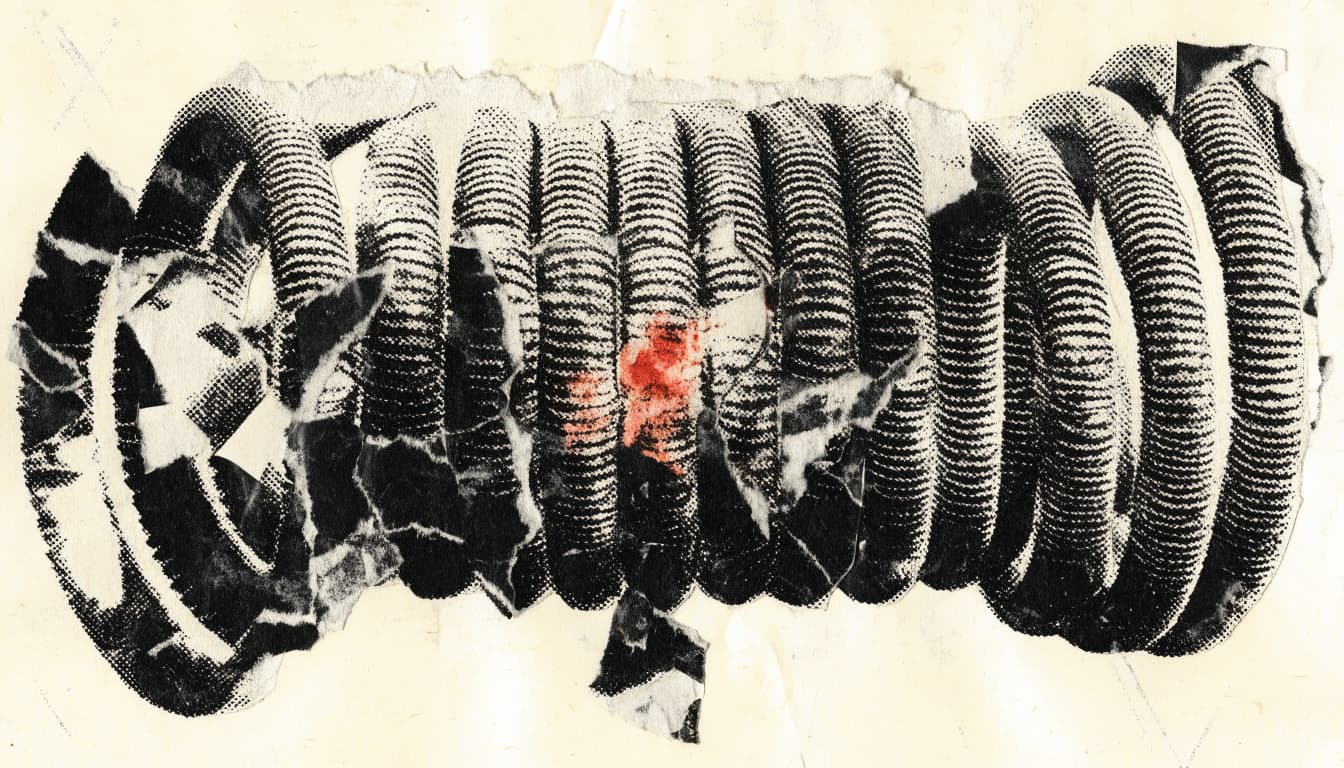 Punk zine cut-and-paste collage of an oversized coiled spring stretched past its natural limit, rendered in high-contrast photocopied halftone with visible x...