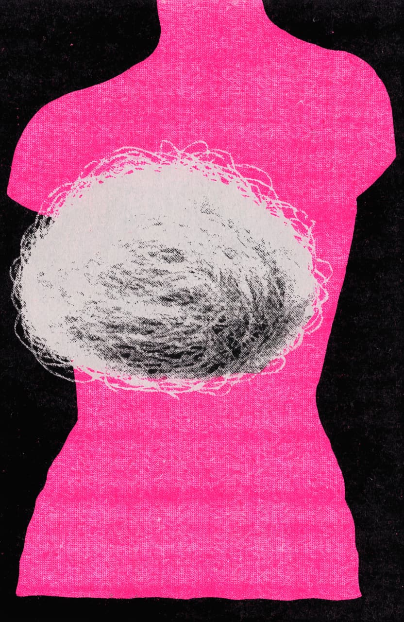 Two-color risograph print in fluorescent pink and black, a flat graphic silhouette of a torso rendered as bold poster shapes, with an impossibly oversized tu...
