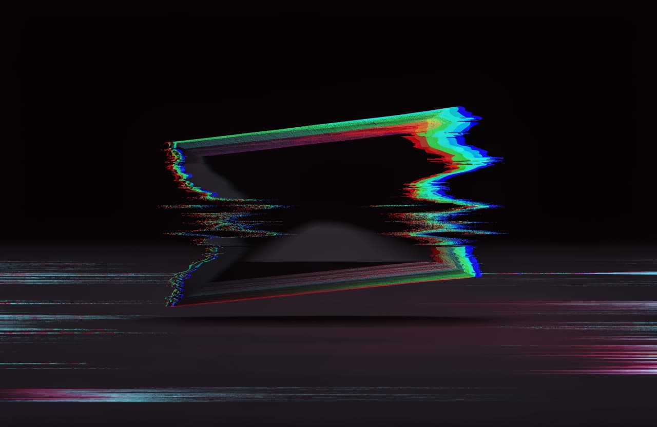 Digital glitch art of a hollow rectangular aperture suspended alone in near-black space, its edges breathing outward and inward like a mouth mid-inhale, RGB...