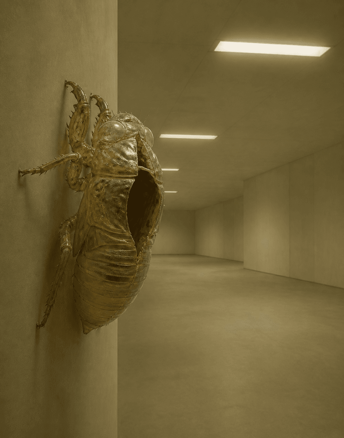 A single cicada husk rendered at impossible scale, translucent amber-grey shell clinging to a smooth vertical surface inside an empty, windowless room lit by...