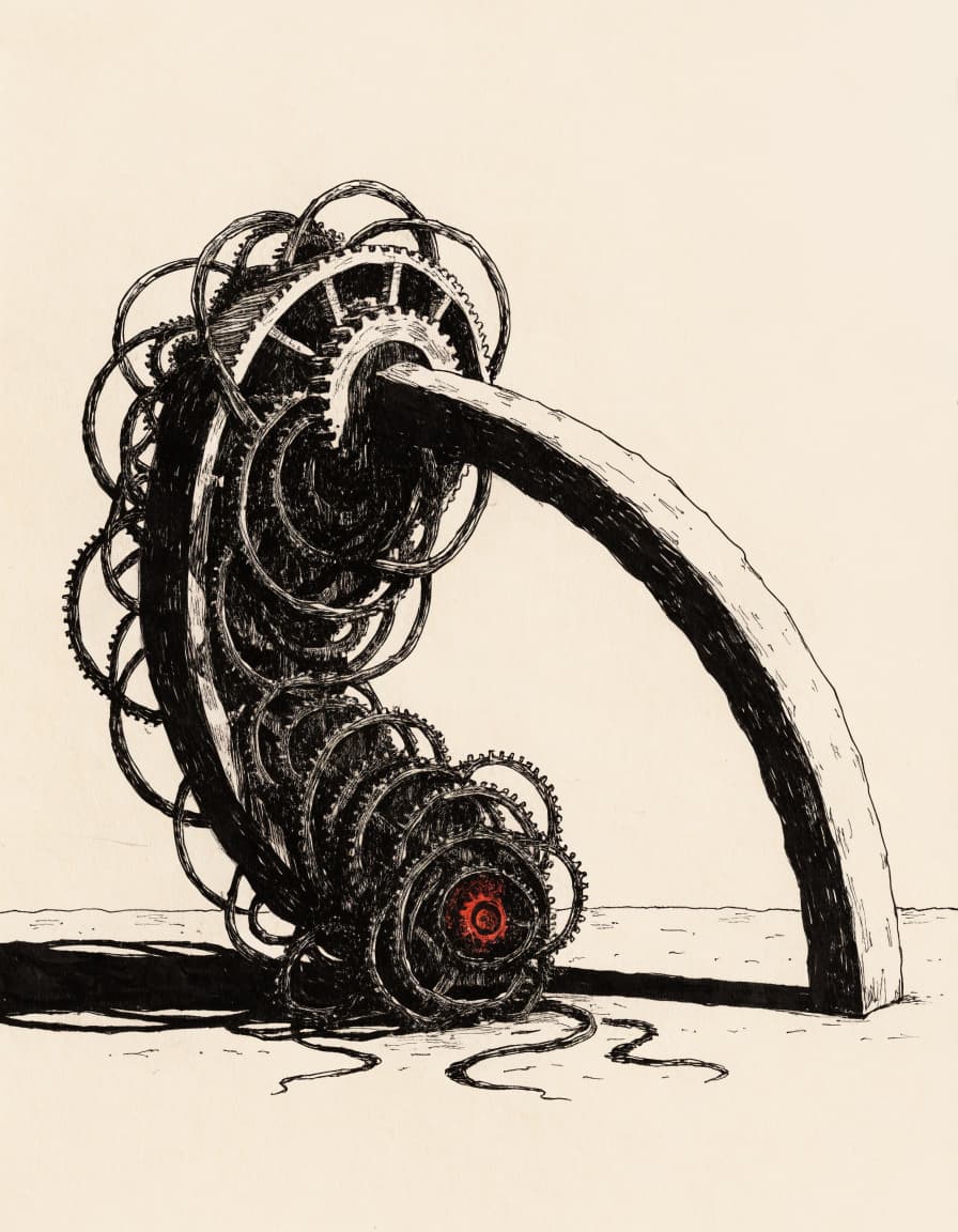 A brutalist woodcut-style illustration of a single turnstile arm rendered impossibly massive and bent under its own weight, its gears exposed as tangled iron...