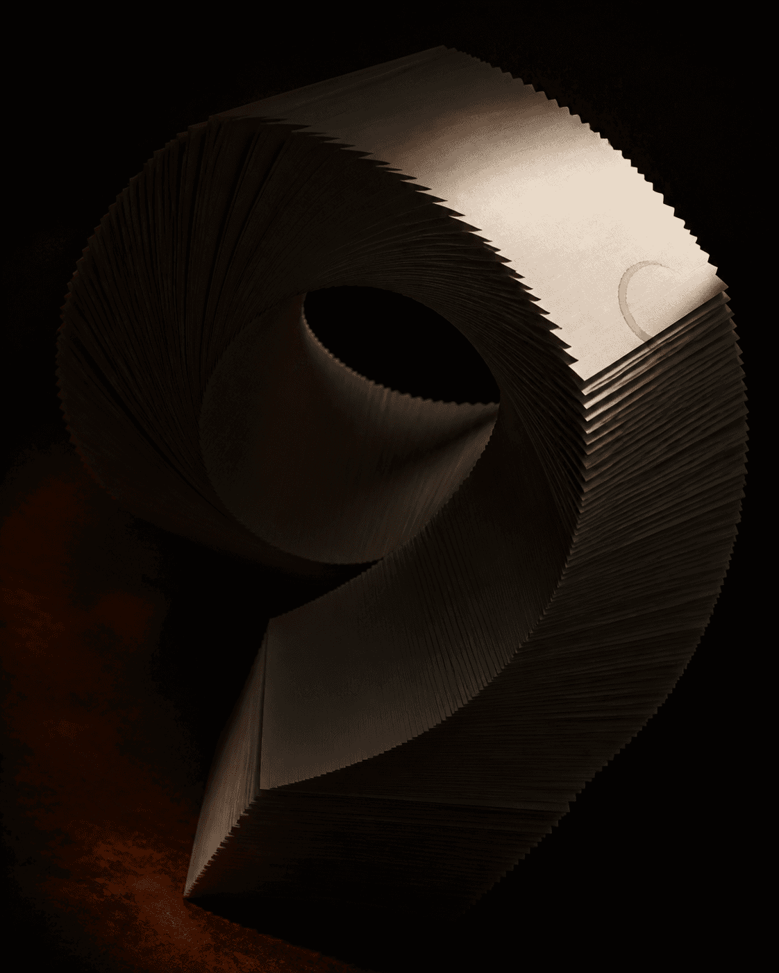 A film noir chiaroscuro still of an impossible stack of blank paper sheets that loops back into itself like an Escher staircase, curling infinitely upward an...
