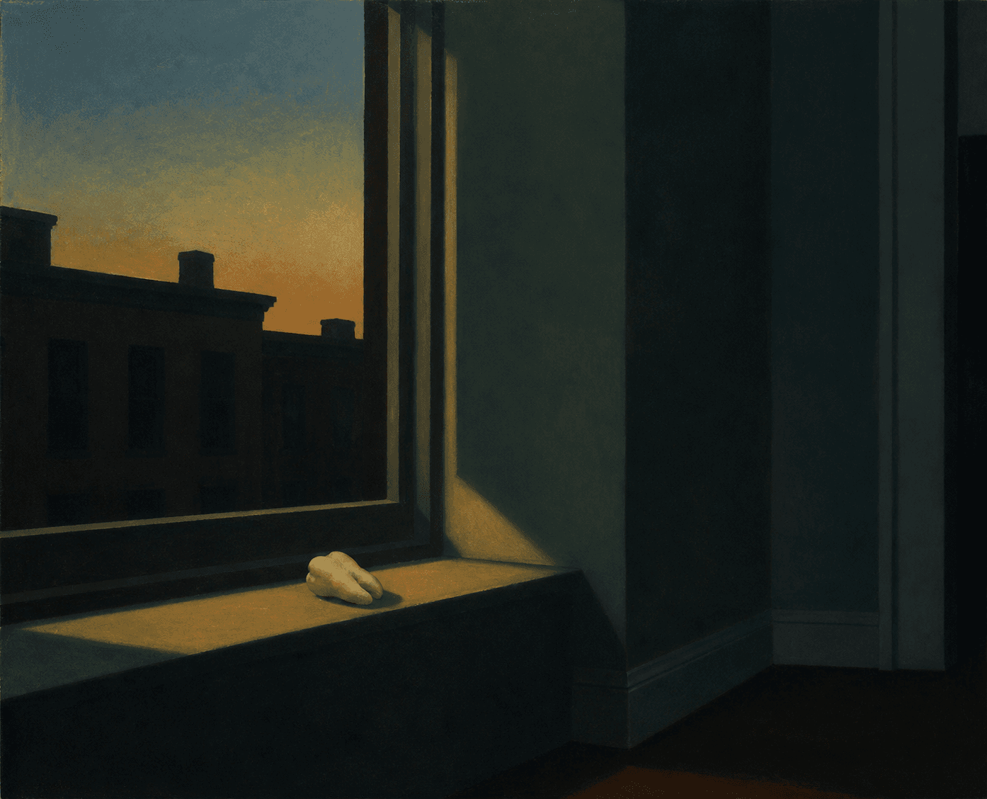 Edward Hopper composition, a single pale tooth-shaped stone resting alone on an empty windowsill inside a spare, darkened room, dusk light spilling through t...