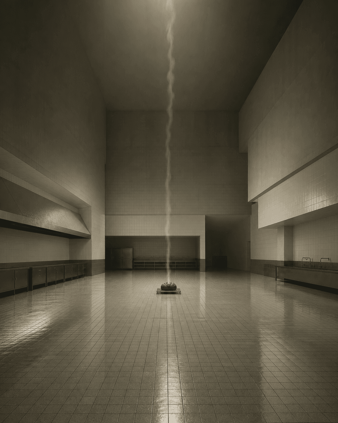 An impossibly vast empty tiled kitchen at pre-dawn, a single loaf of bread cooling on a wire rack at its center, dwarfed by the room's scale, steam rising in...