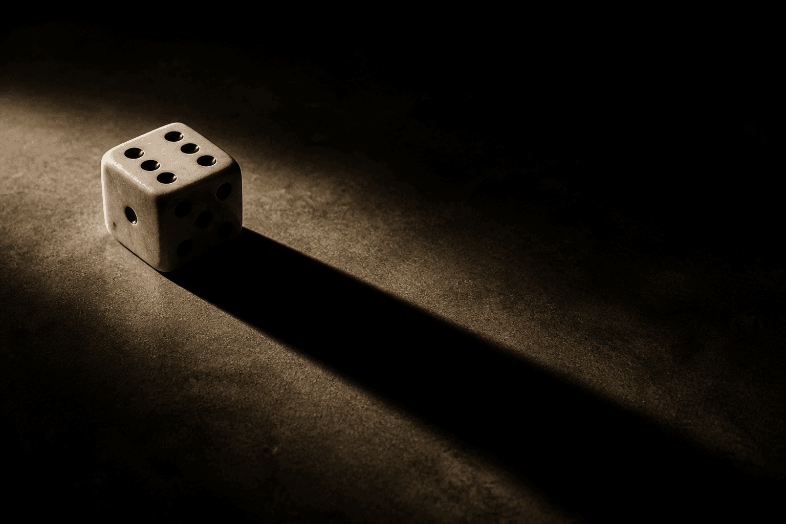 Film noir still rendered as a constructed tableau: a single oversized die rests on a bare, featureless table, its six pips catching a hard raking light from...