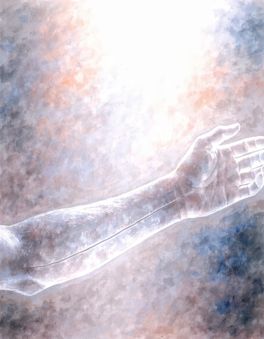 A soft-focus dream painting in the style of a faded gouache study: a translucent, luminous forearm rendered as if made of frosted glass floats in hazy pastel...