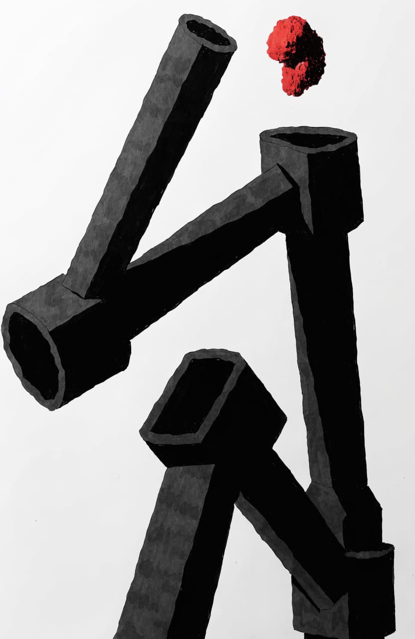 A high-contrast black ink illustration of an oversized geometric exoskeleton fragment, hollow tubular limb segments rendered as stark architectural struts ag...