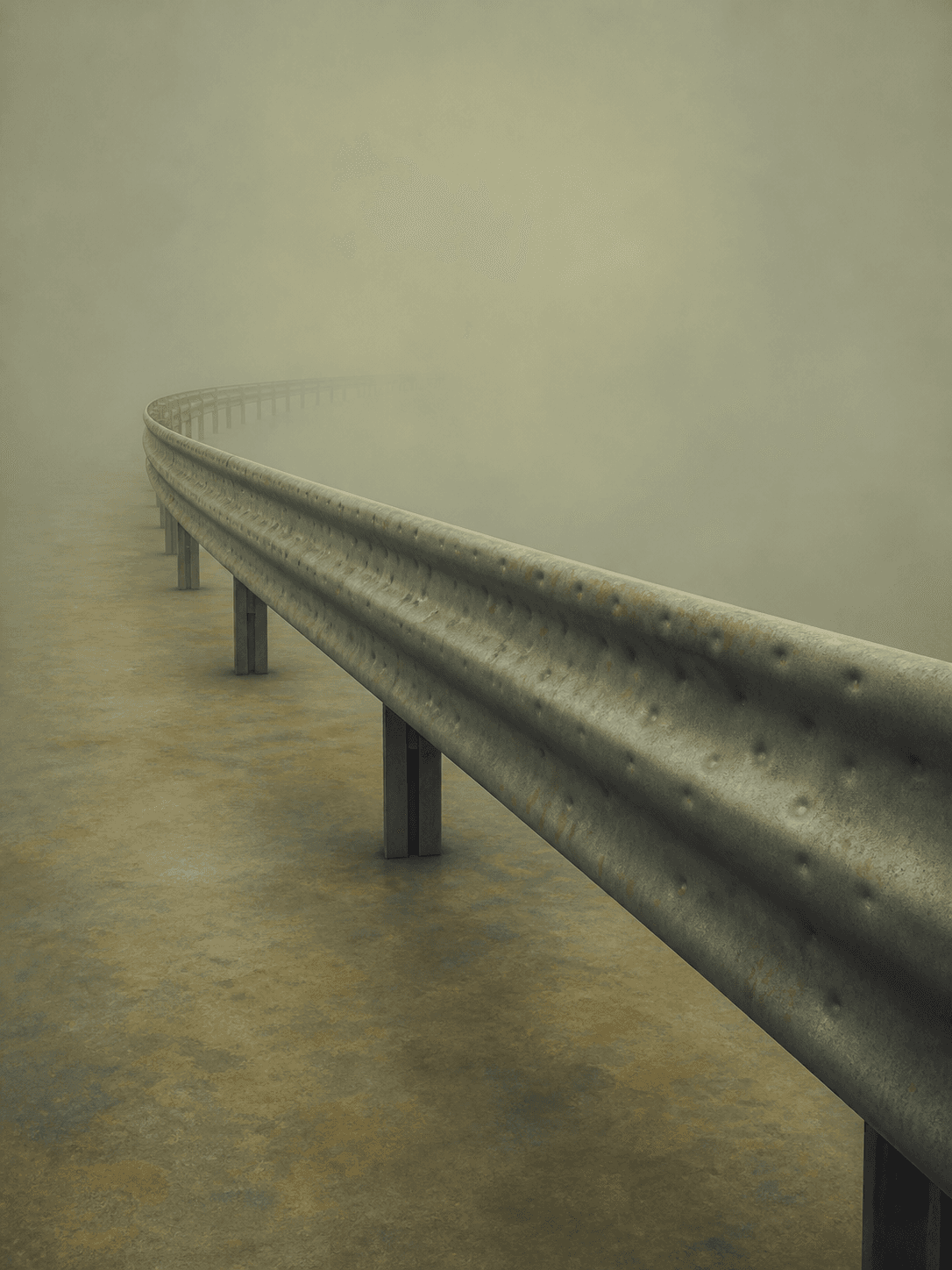 An impossibly long steel guardrail curves through a foggy void with no road, mountain, or vehicle in sight, its surface rippled with countless shallow dents...