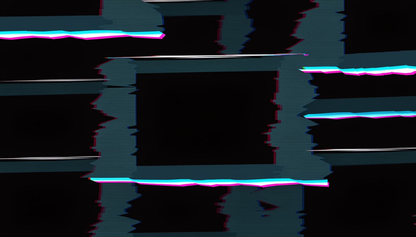 Digital glitch art of an empty shelf slot in deep charcoal void, its rectangular absence duplicated and torn across the frame in horizontal displacement band...