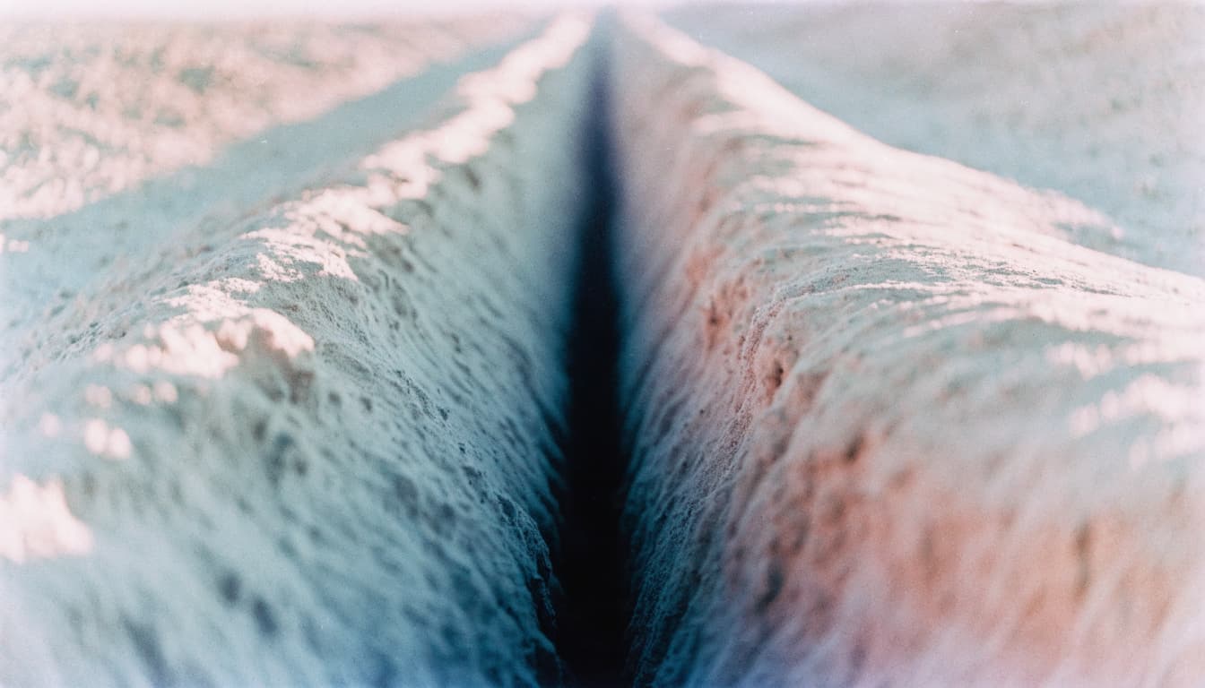 Soft-focus dream photography of an impossibly smooth furrow running through pale earth, the trench dark and perfectly even like folded fabric rather than soi...