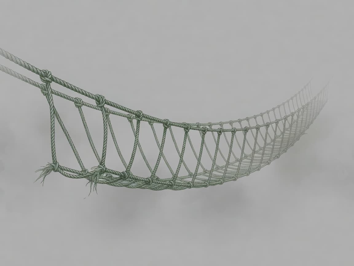 A precise scientific illustration rendered in fine hairline linework: a frayed rope bridge sagging under invisible weight, suspended in cold grey fog against...