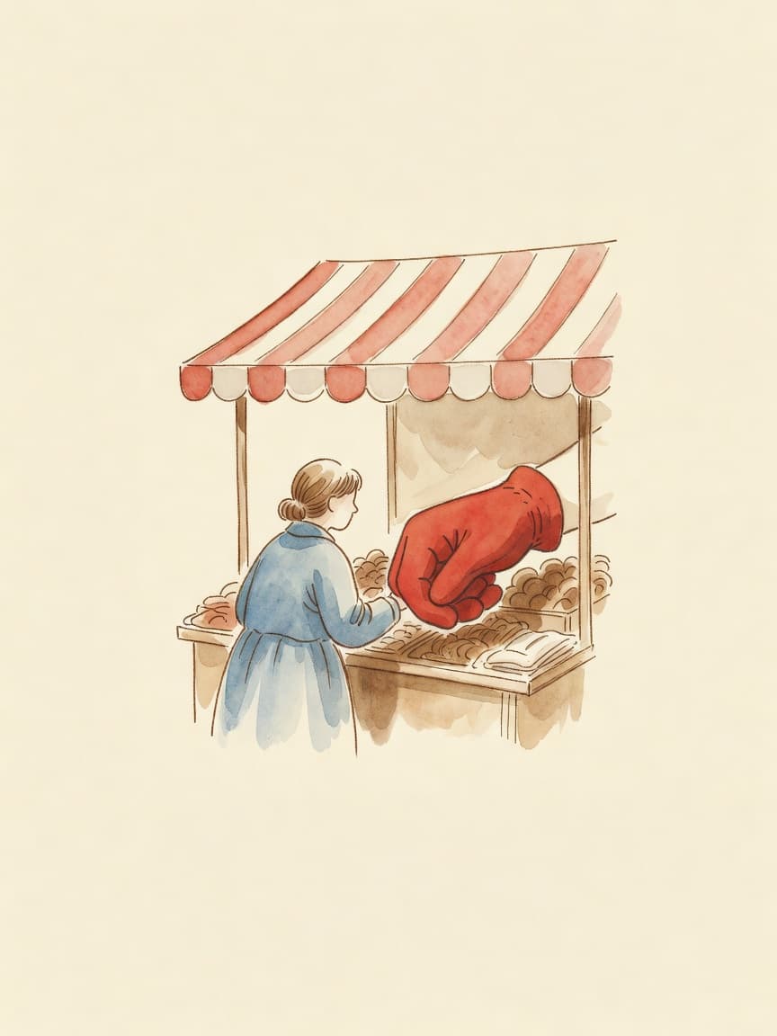 A hand-illustrated children's book plate rendered in warm sienna ink and gouache wash on cream paper: a small anonymous woman in a blue coat stands at a mark...