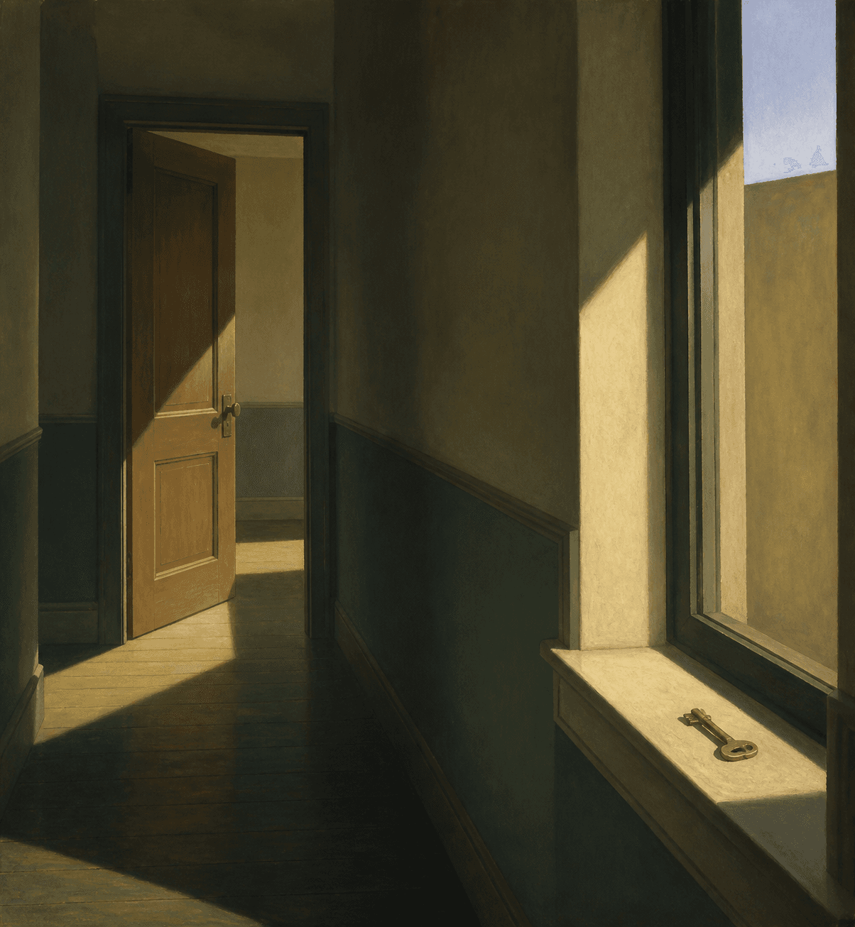 An Edward Hopper style composition of a half-open wooden door at the end of a narrow empty hallway, late afternoon light slanting in long muted teal and ochr...