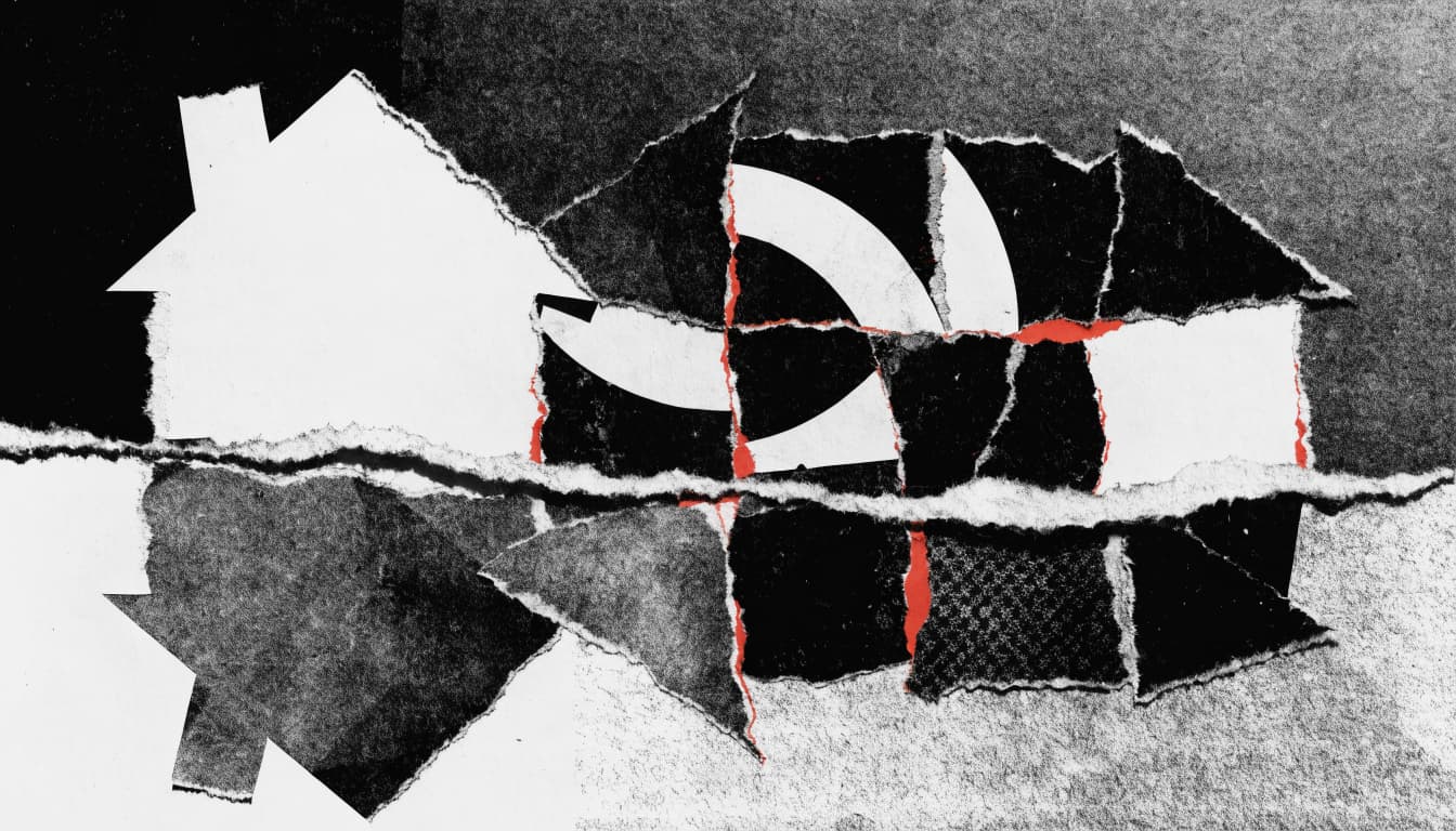 Punk zine cut-and-paste collage of a house silhouette torn into mismatched paper fragments, one half sinking below a jagged tear line as if the structure is...