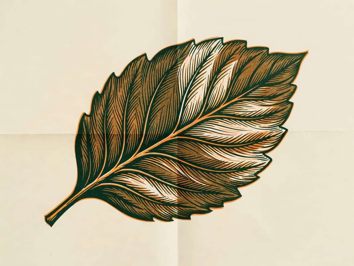 Hand-printed two-color riso illustration of a single sheet of paper mid-fold, its crease unfurling into the ribbed vein of a large leaf, deep green ink overp...