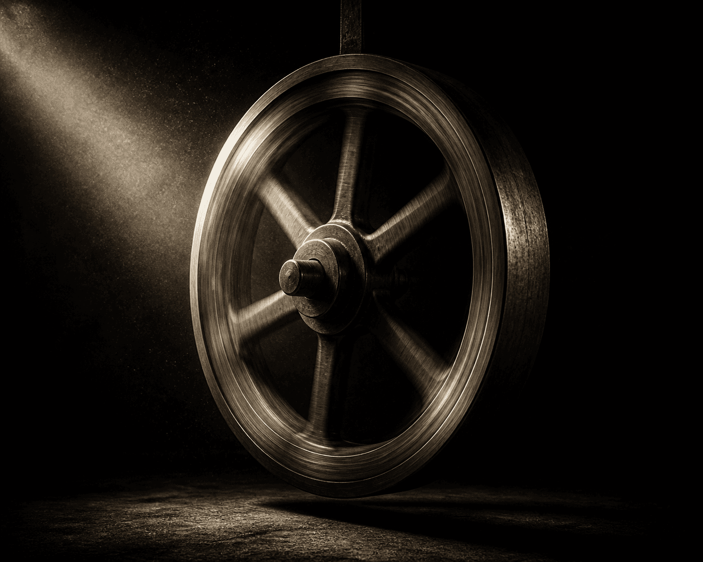 A film noir still of an oversized iron flywheel suspended mid-spin in an otherwise empty dark room, rendered as chiaroscuro single-source hard light cutting...