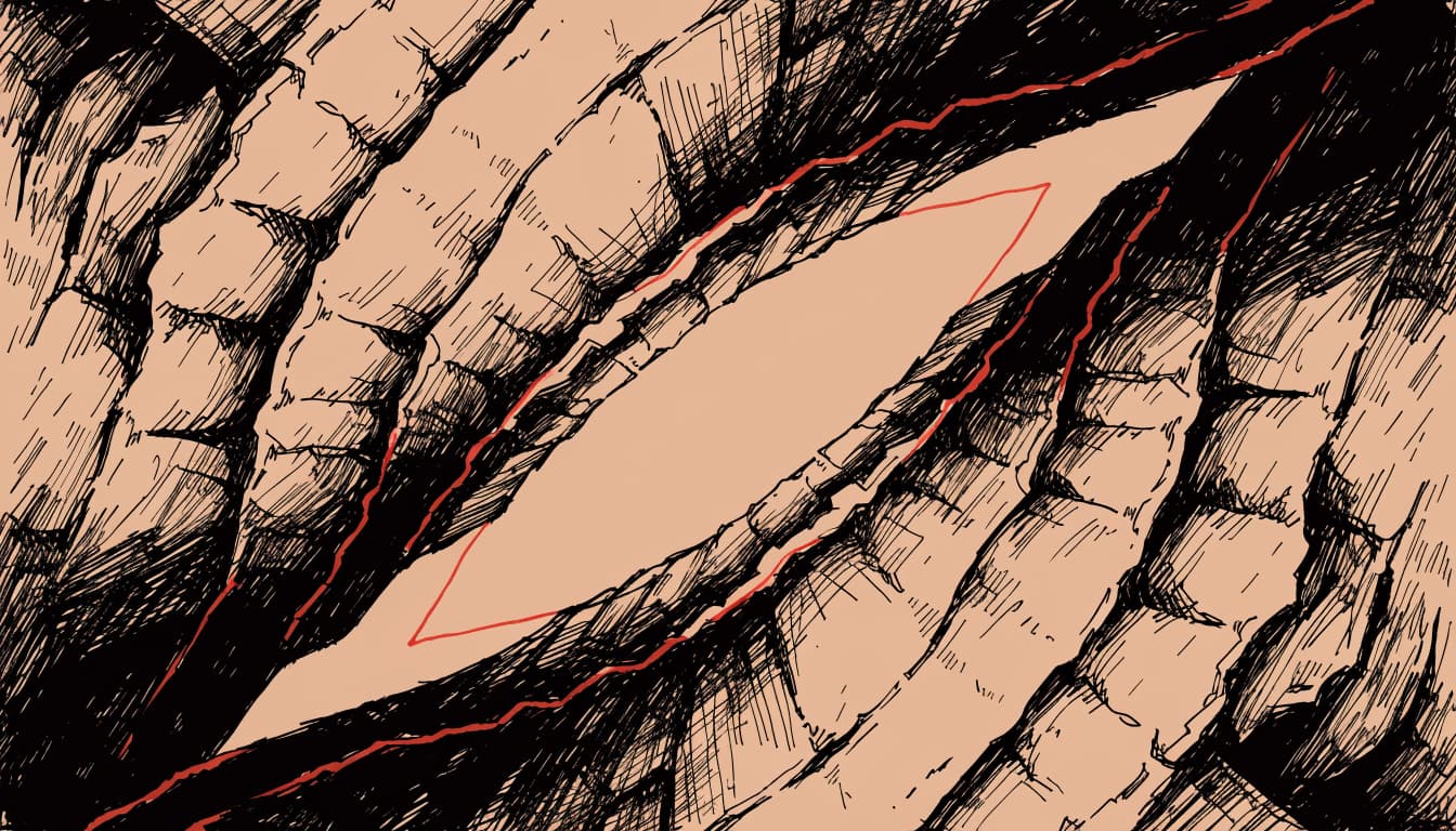 Brutalist ink illustration of two massive curved bone-like plates converging toward a diamond-shaped negative space at their center, rendered in stark black...