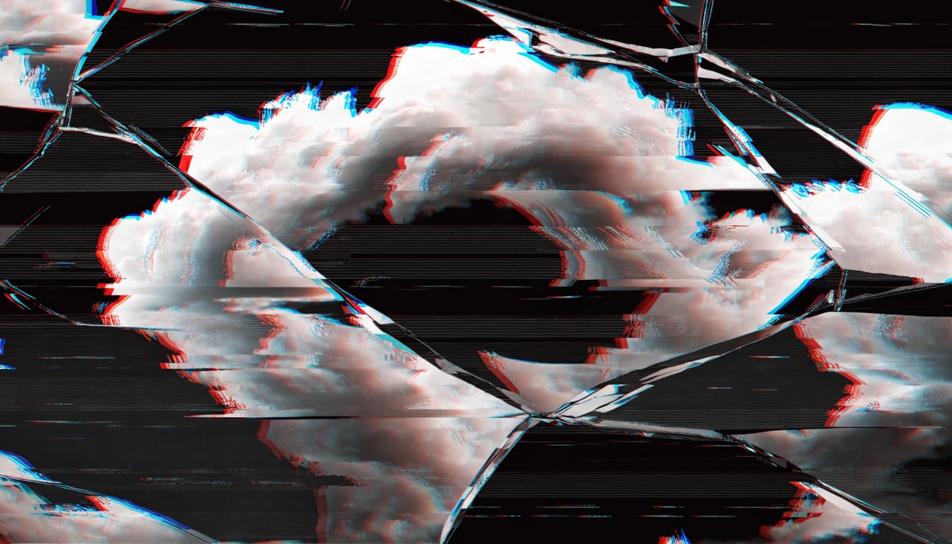 A single storm cloud looping through fractured mirrored glass panes, each repetition slightly displaced like a datamoshed video still, mercury-toned liquid b...