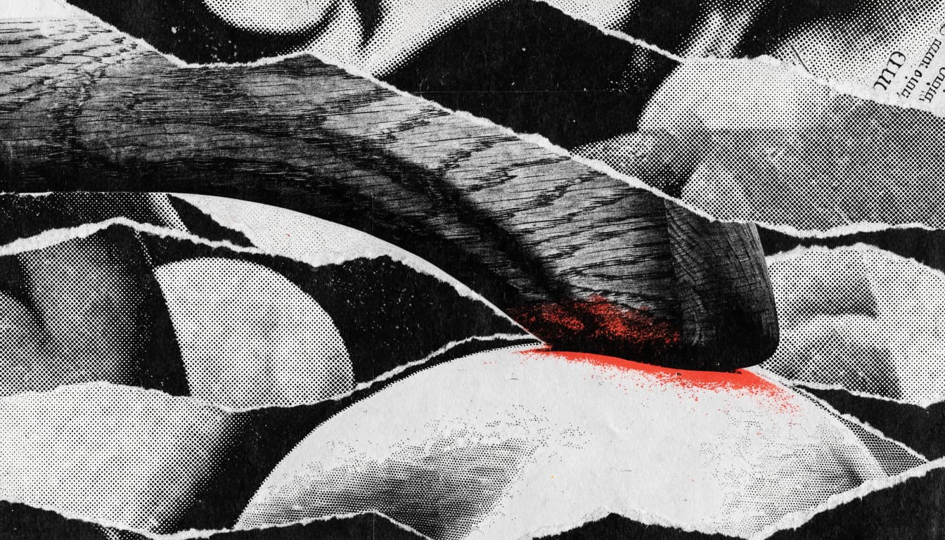 Punk zine cut-and-paste collage of a heavy curved wooden yoke pressing down onto an abstracted animal neck-form, torn photocopied paper fragments layered wit...