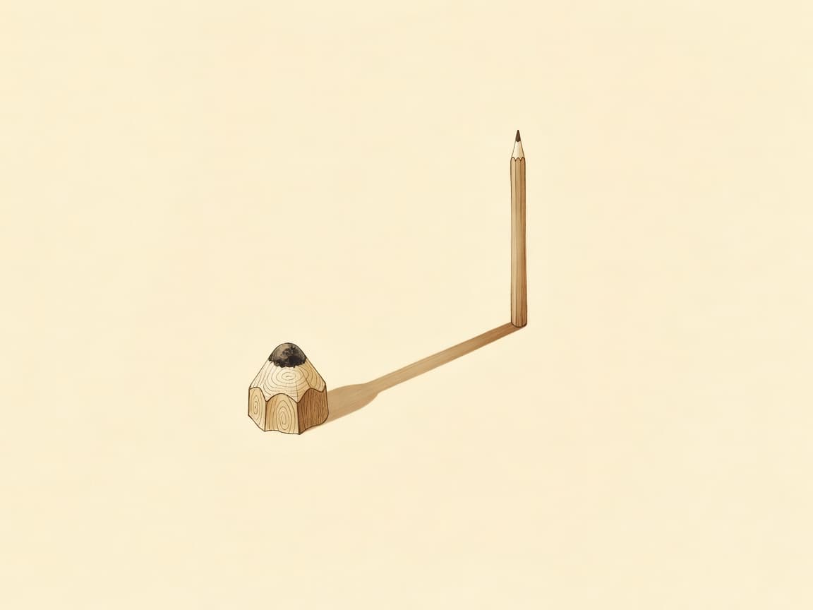 Hand-illustrated children's book plate on warm cream ground, soft sienna ink linework: a stub of a pencil worn down to a nub, its wood grain rendered like th...