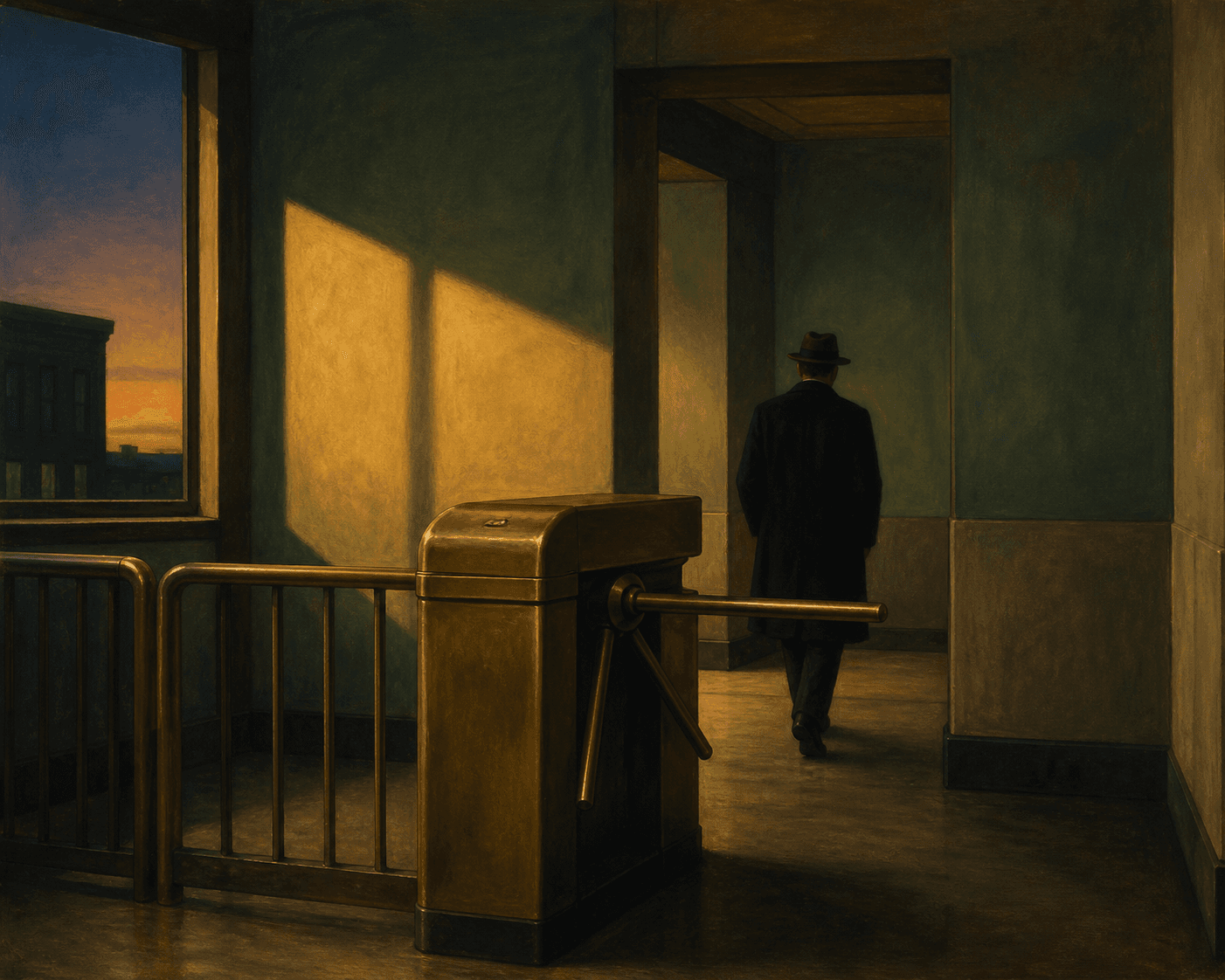 A Hopper-style painted composition of an empty transit corridor at dusk, the turnstile rendered as a solitary sculptural form of brass and shadow, muted teal...