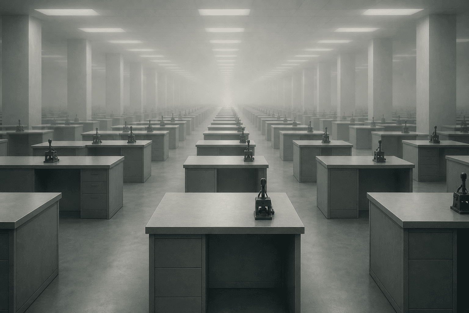 An impossible institutional corridor of identical desks stretching into a pale fog, each desk holding the same small mechanical stamping device, all lit by f...