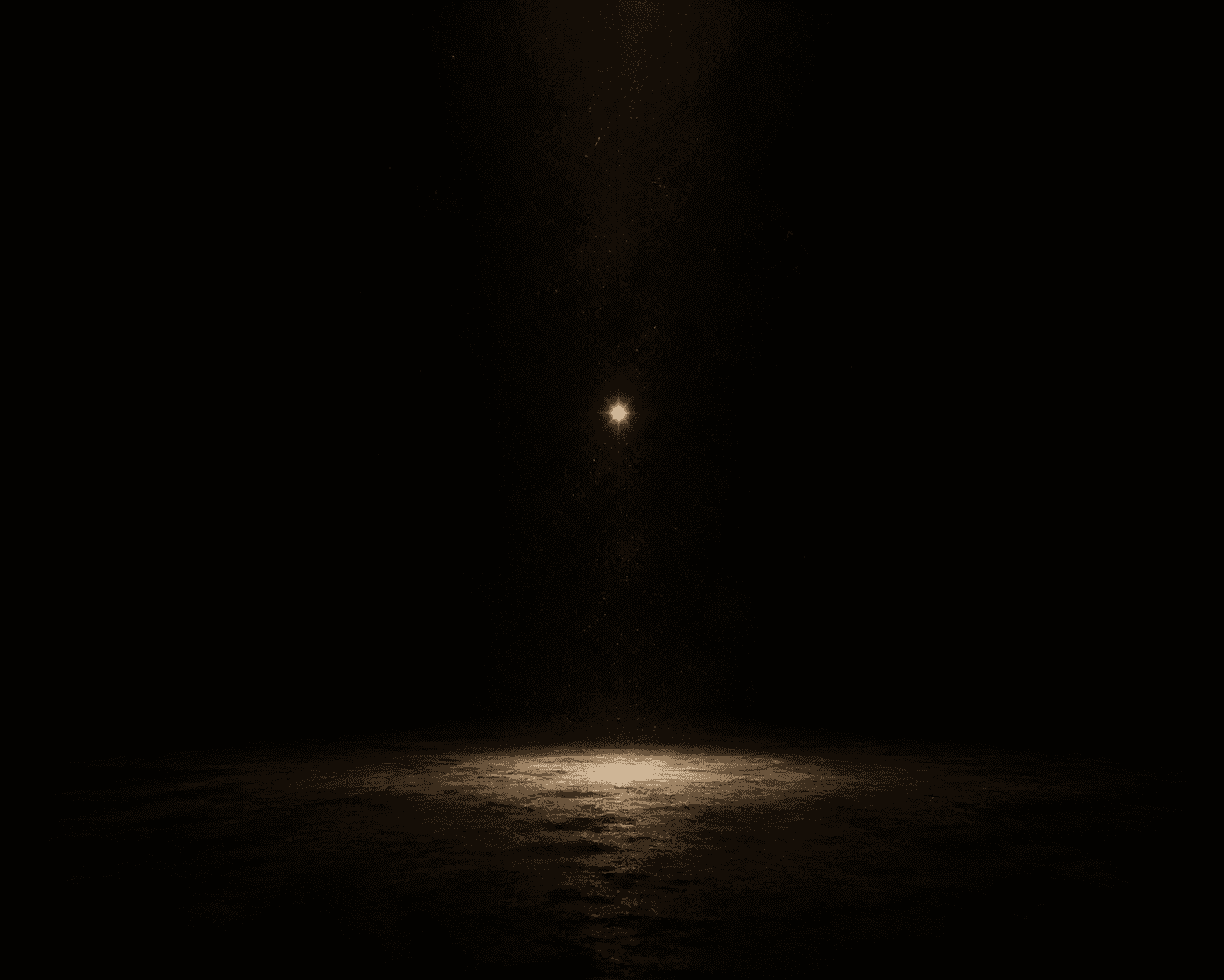 A film-noir chiaroscuro composition of a vast black interior void, a single sharp point of light suspended impossibly in mid-air at the center, as though a s...