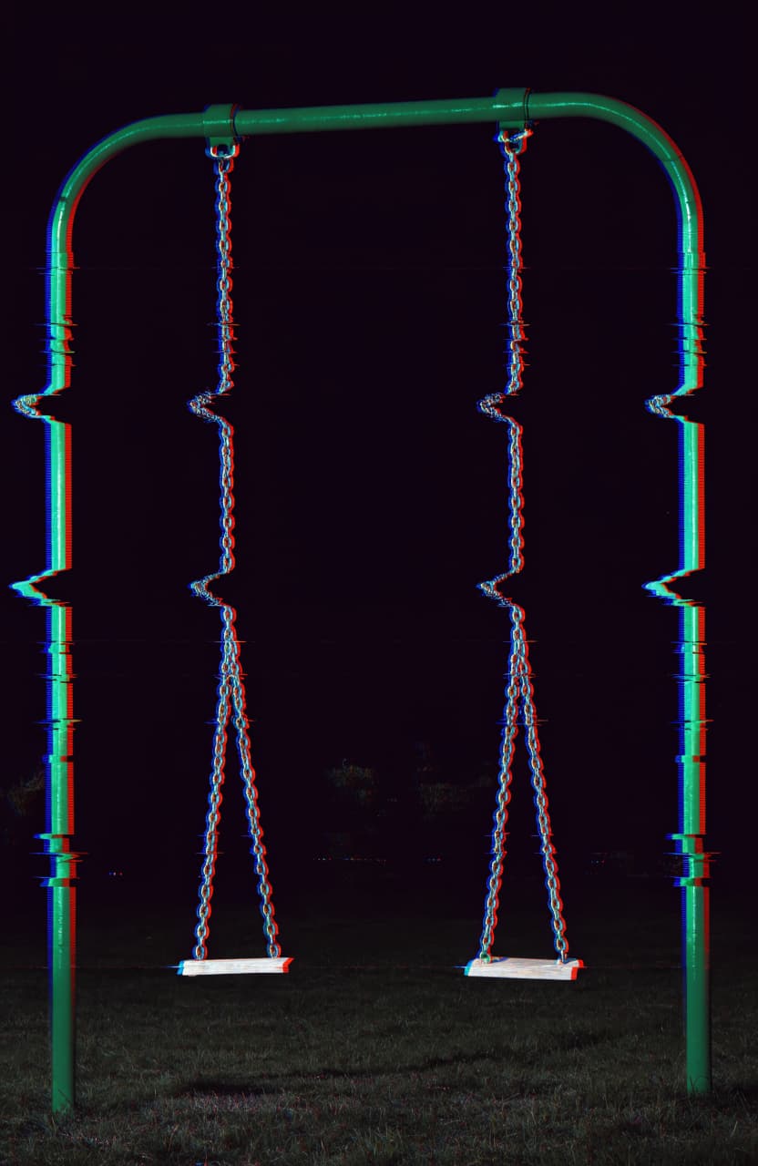 A digital glitch art rendering of a lone green swing set in a dark yard, its chains stretched impossibly long like taffy until the wooden seat touches the gr...