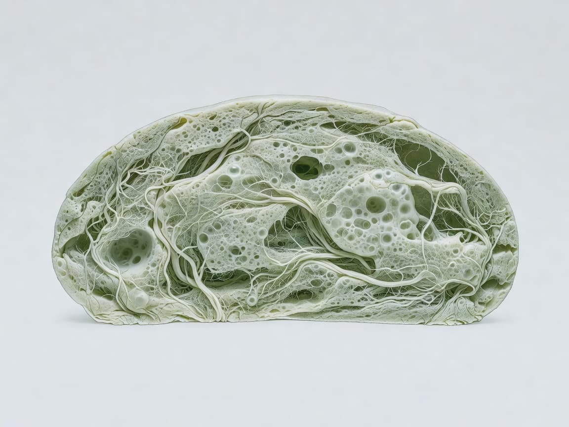 A cross-section of a fermenting dough mass rendered as a scientific botanical illustration, sliced open to reveal pale root-like tendrils and irregular bubbl...