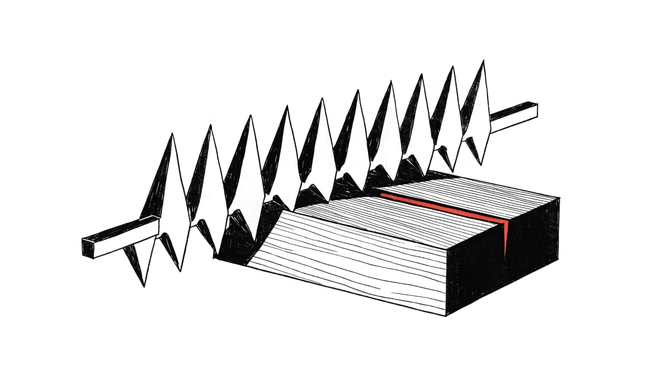 A brutalist editorial illustration of an impossible fused object: a row of oversized triangular saw teeth welded directly into a perfectly straight iron rail...