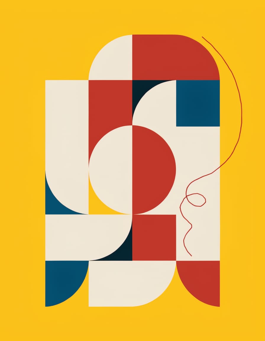 Mid-century modern flat graphic illustration in the style of Paul Rand and Alvin Lustig: a stylized, oversized shirt cuff and buttonhole rendered as interloc...
