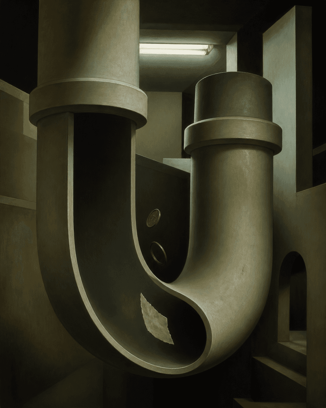 A de Chirico-inspired metaphysical study of a household U-bend pipe rendered as an impossibly deep architectural structure, its curve descending into a shado...