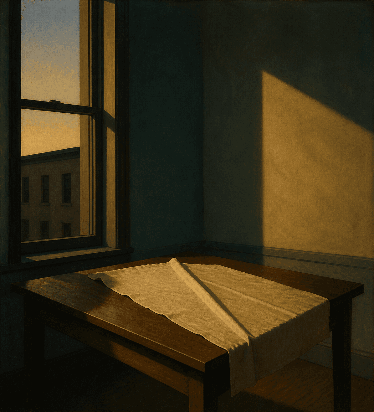 An Edward Hopper style interior at dusk: a bare wooden table set beside a tall window, muted teal walls washed in low ochre light, and across the table a len...
