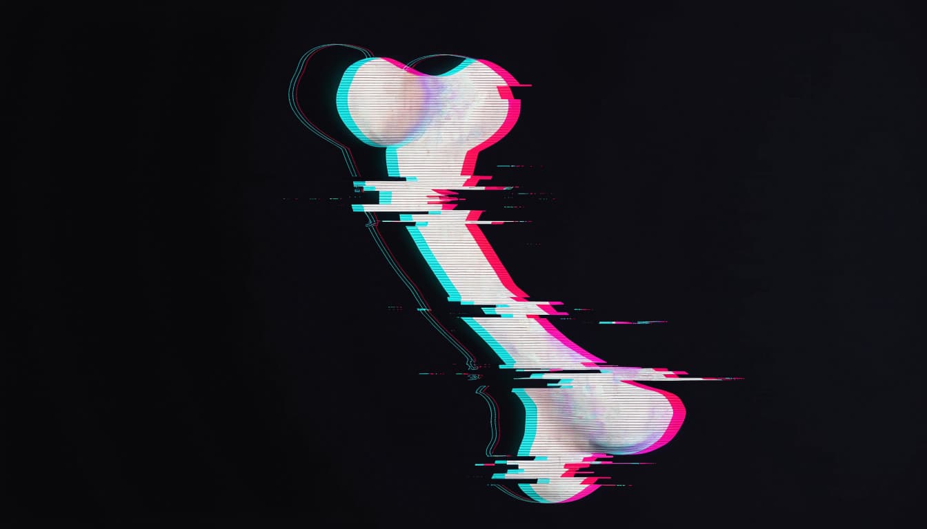 Digital glitch art of an invented bone form suspended in a dark void, its silhouette doubled by a faint offset contour that refuses to align, rendered in RGB...