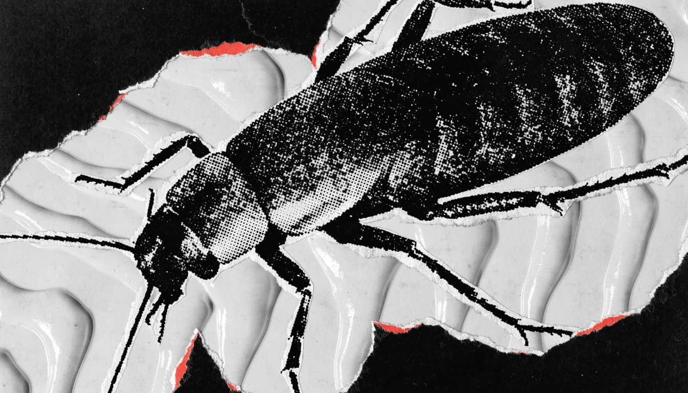 Punk zine cut-and-paste collage of an oversized cockroach silhouette, legs splayed mid-stride, torn from photocopied high-contrast halftone paper and pasted...