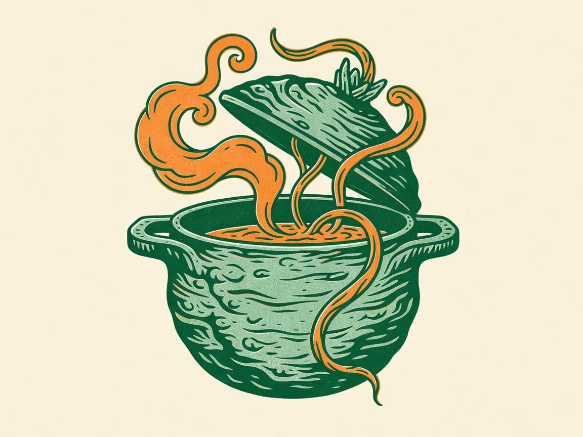 Two-color risograph zine illustration in deep green and warm orange on cream ground: a squat cast-iron pot reimagined as a rounded root vegetable, its lid ti...