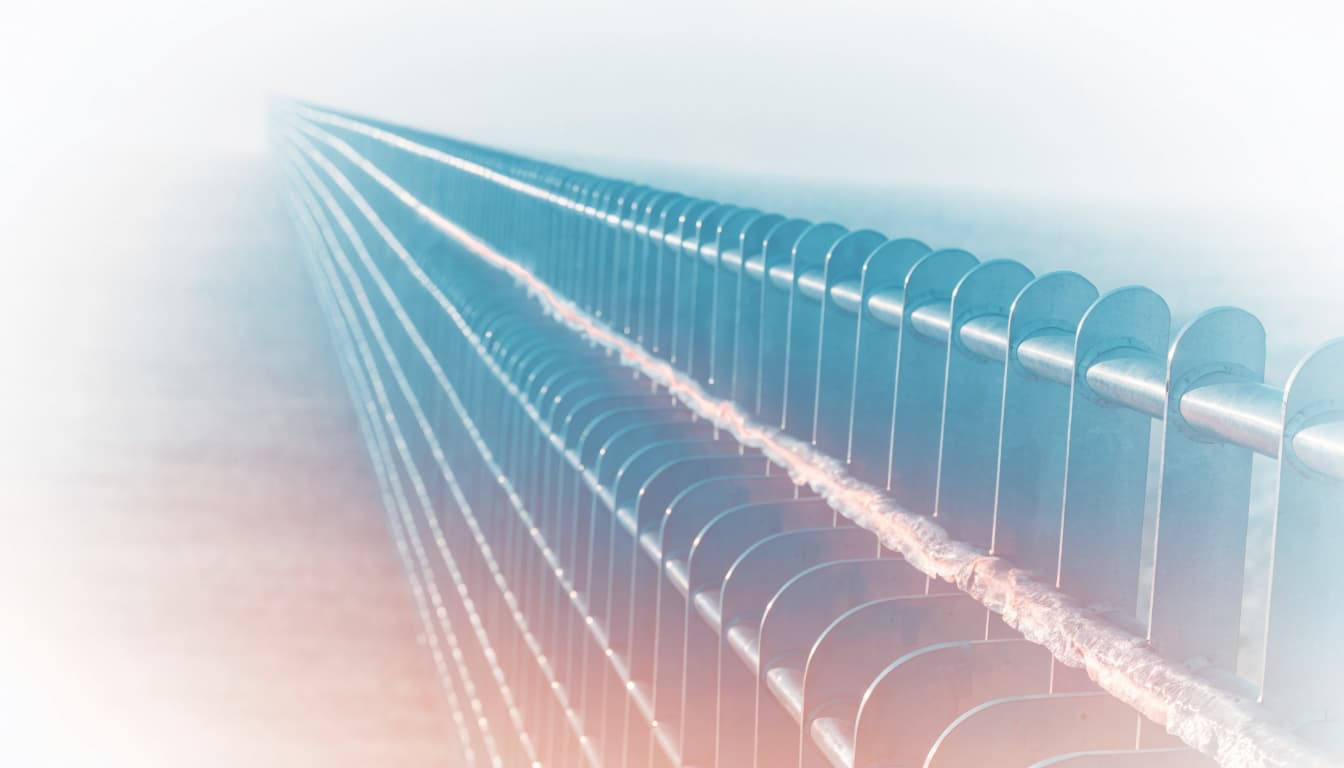 A soft-focus dream painting in pale blue-grey and dusty rose pastel: a single metal guardrail stretches impossibly long into a hazy vanishing point, its surf...