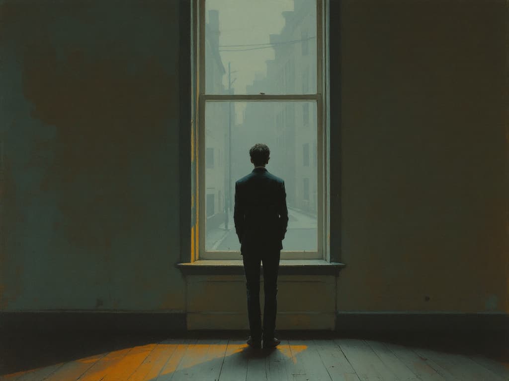 Edward Hopper composition of a single figure standing at a tall window, back to the viewer, gazing at a grey exterior street at dusk.