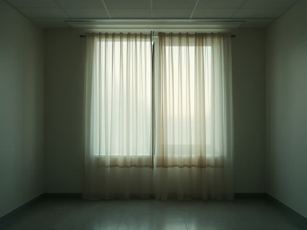 A single sheer curtain caught mid-billow in an empty room, photographed in the style of Gregory Crewdson's institutional quiet, fluorescent overhead light b...